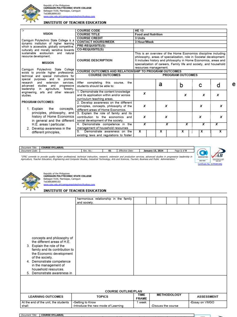 Syllabus For The HE Food and Nutrition | PDF | Baking | Home Economics
