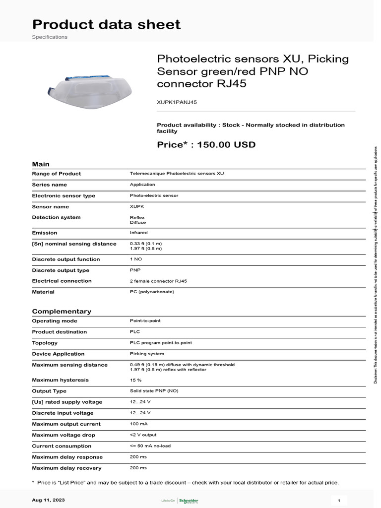 Photoelectric Sensors XU XUPK1PANJ45 PDF Bipolar Junction