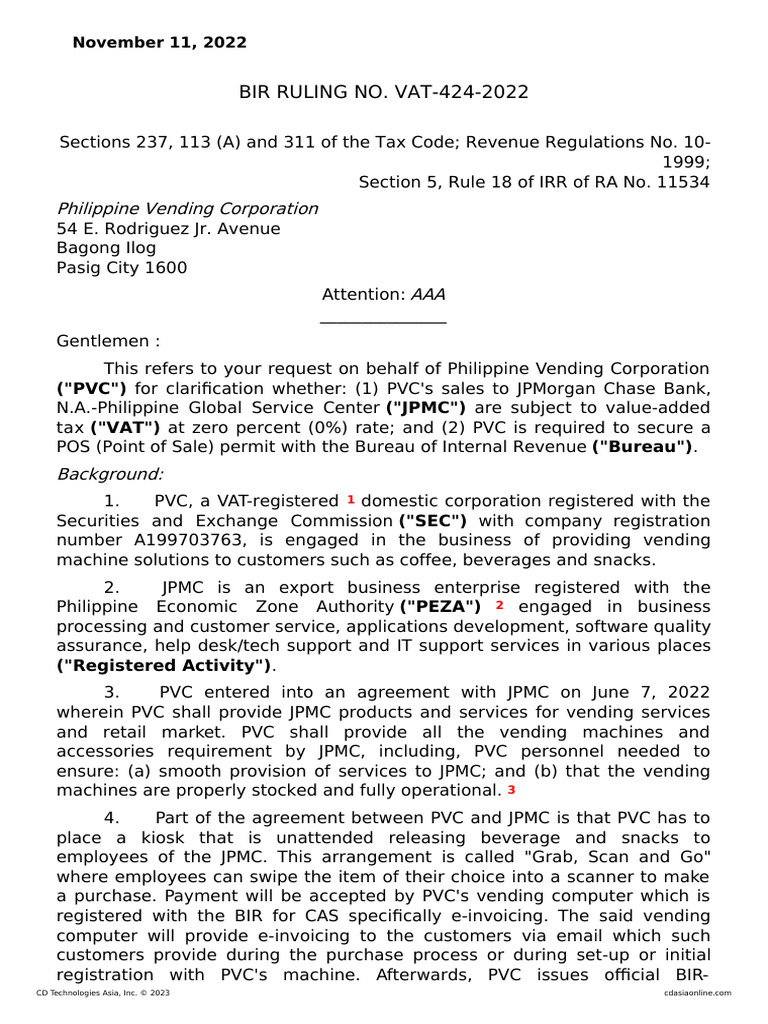 Bir ruling no vat 424 2022 philippine vending to peza subject to vat