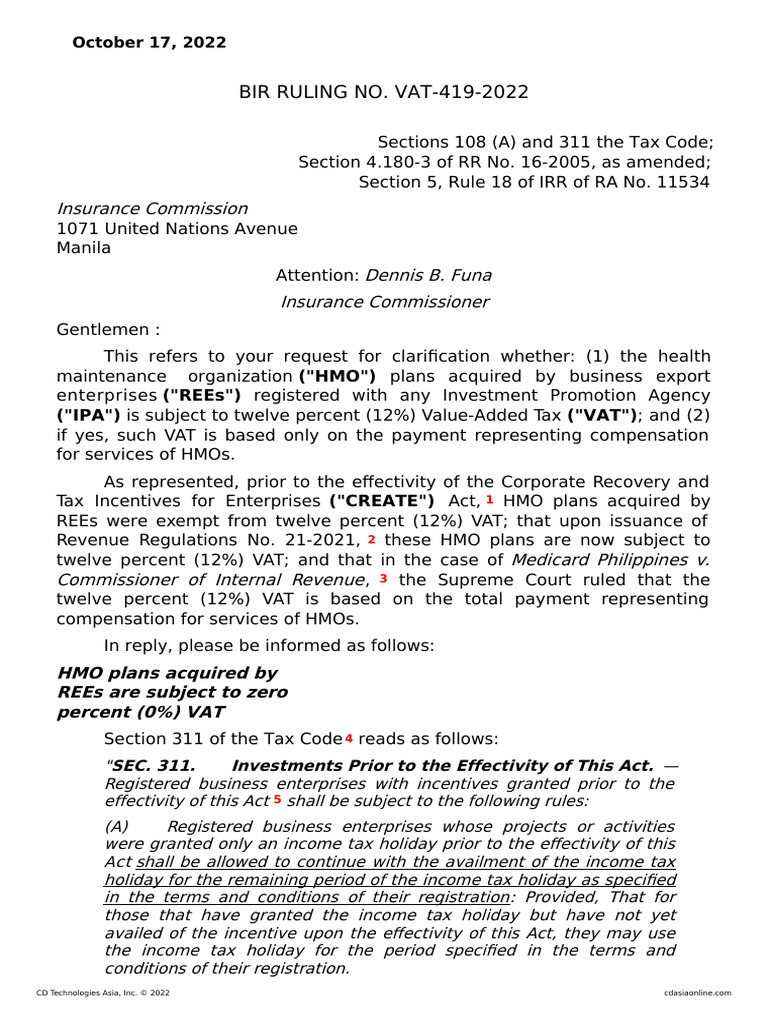 Bir ruling no vat 419 2022 peza vat and non vat hmo pdf value