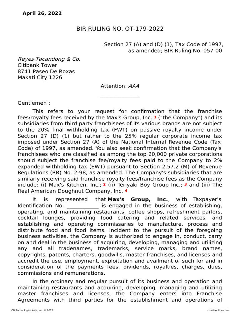 Bir Ruling No. Ot-179-2022 - Franchisee Ewt Rules - Local | PDF ...