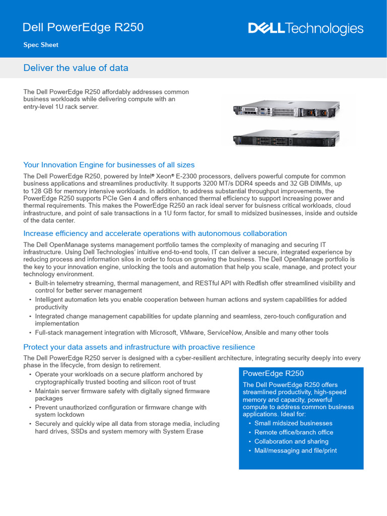 Dell Emc Poweredge r250 Spec Sheet | PDF | Solid State Drive | Hard ...