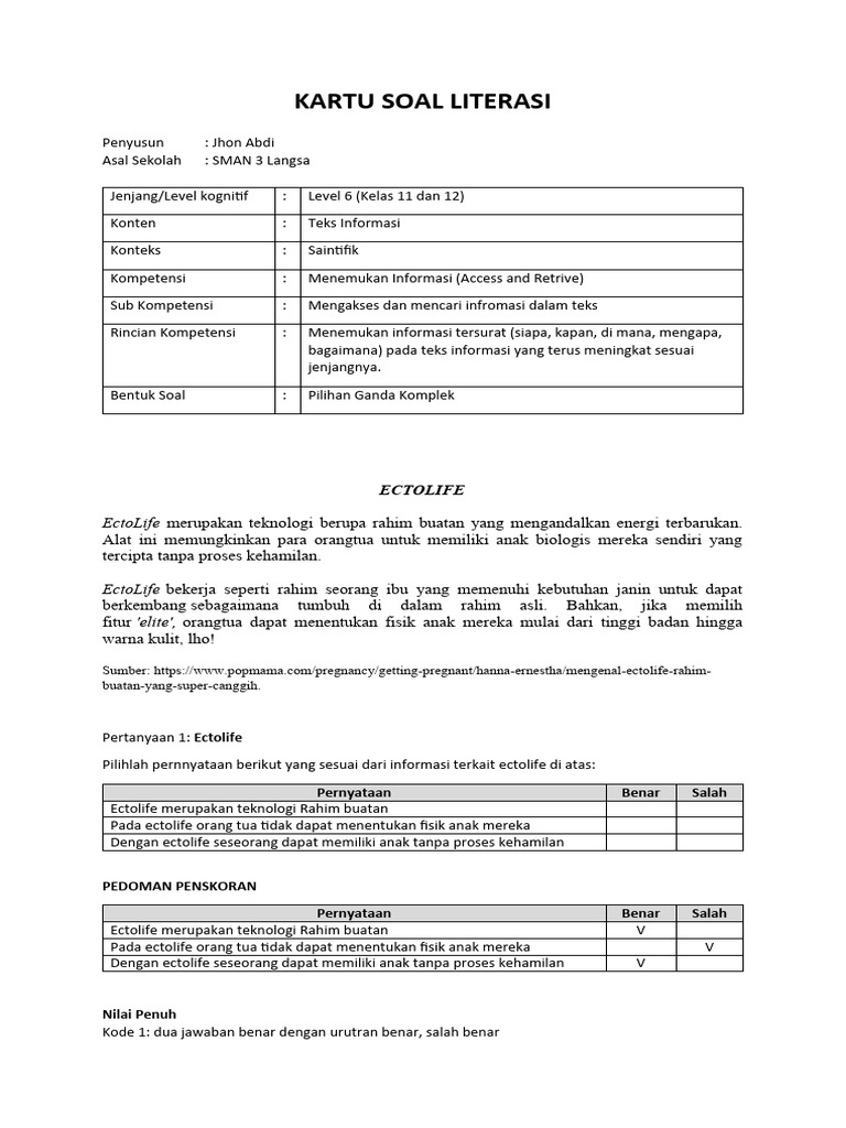 Contoh Kartu Soal Literasi Pdf