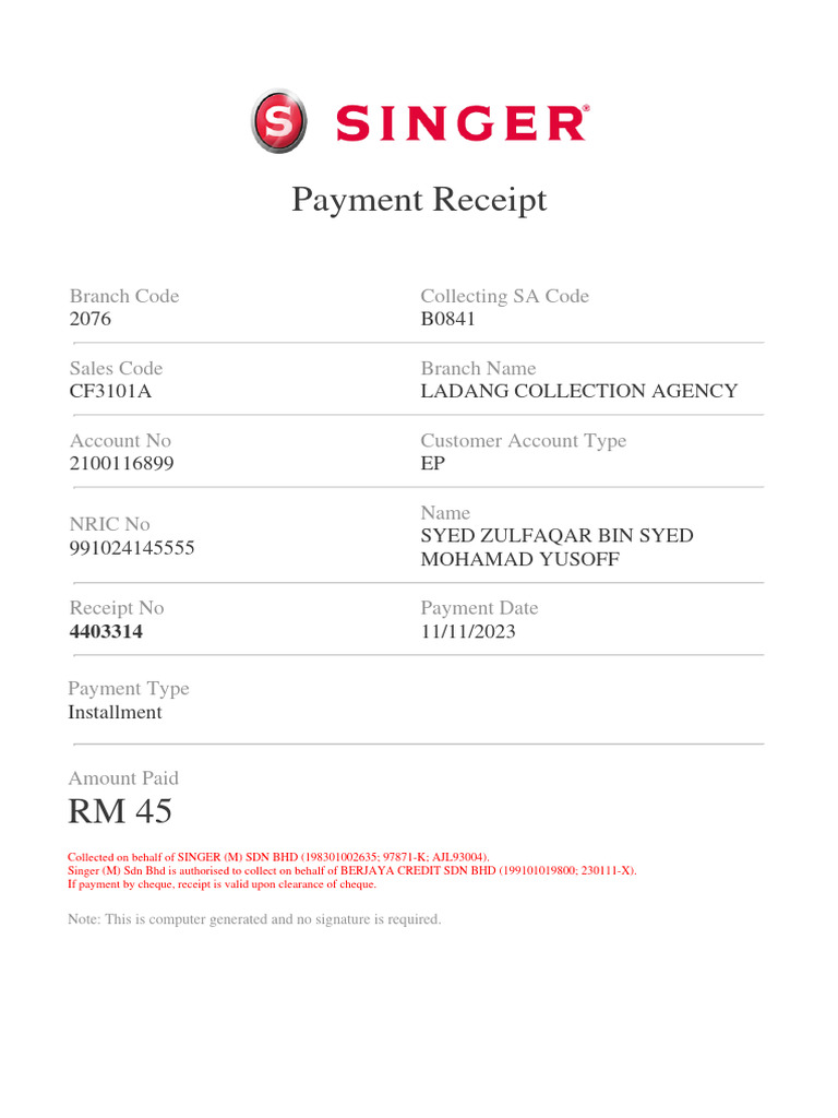 Payment Receipt: Branch Code Collecting SA Code | PDF