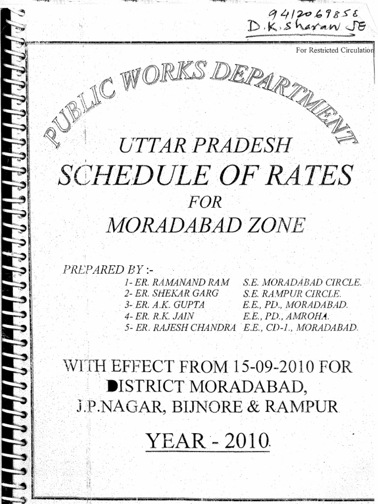 PWD Schedule of Rates Moradabad UP 2010 | Architectural Elements