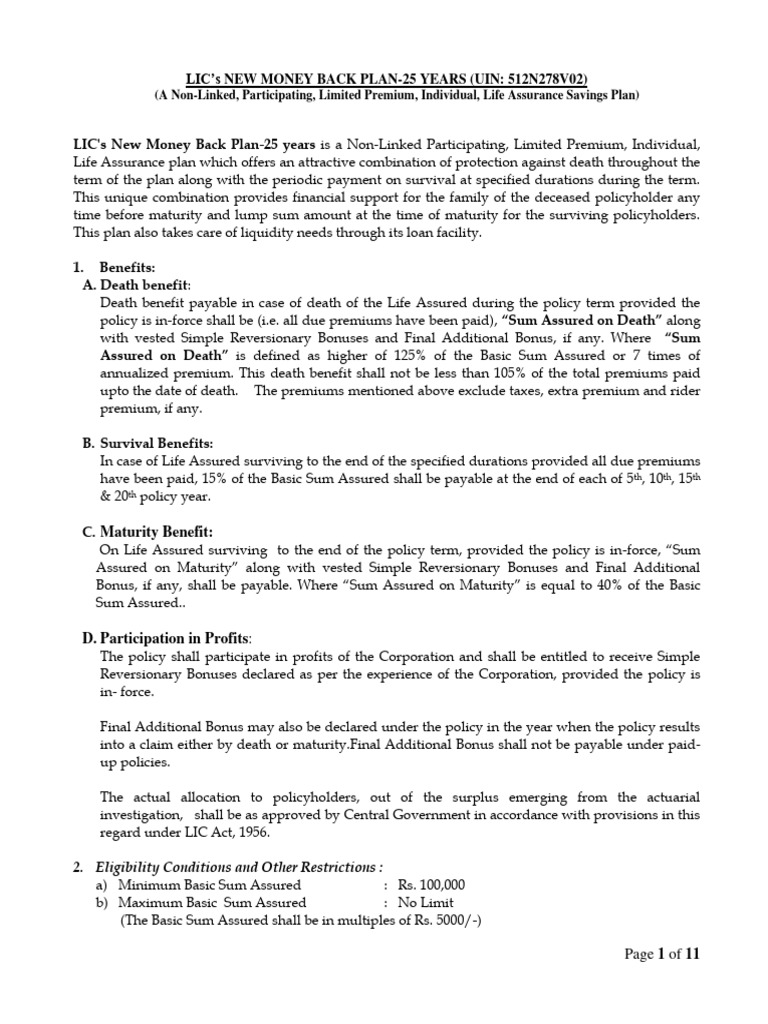 LIC New Money Back Plan - 25 Years | PDF | Insurance | Life Insurance