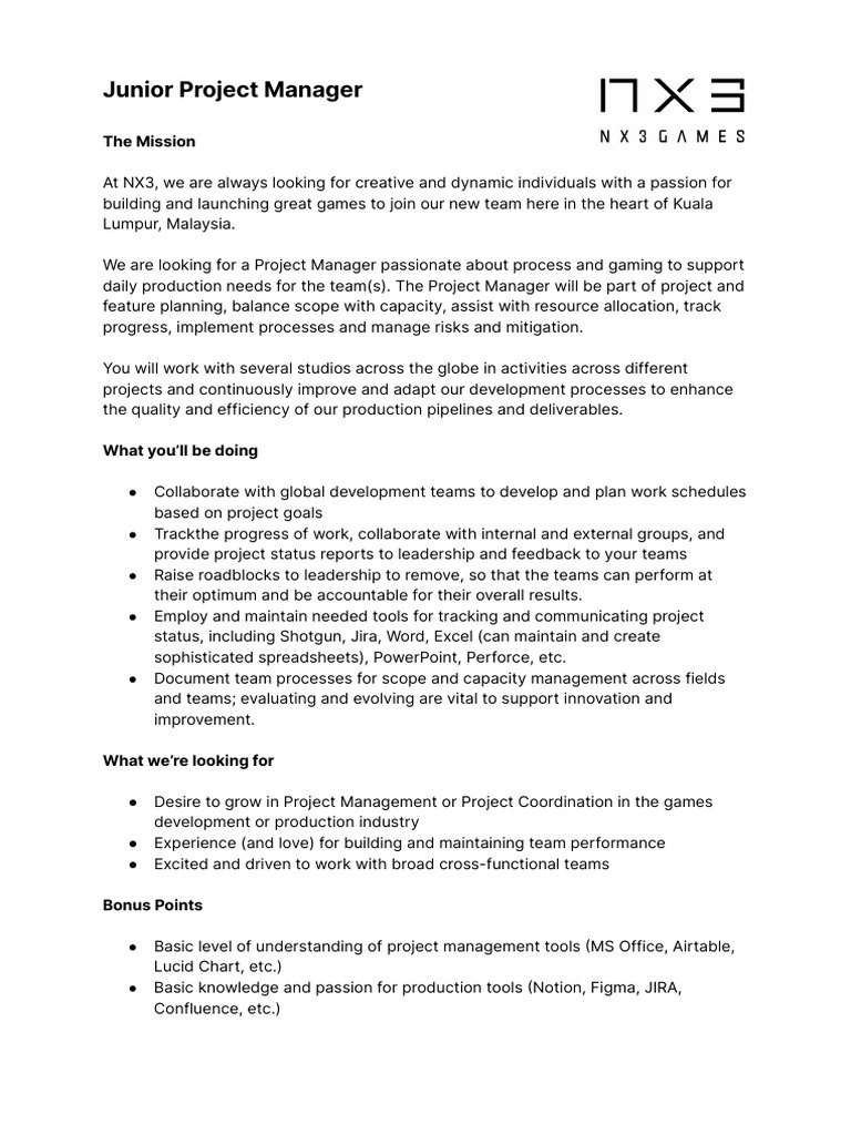 Junior Project Manager - NX3 Games | PDF