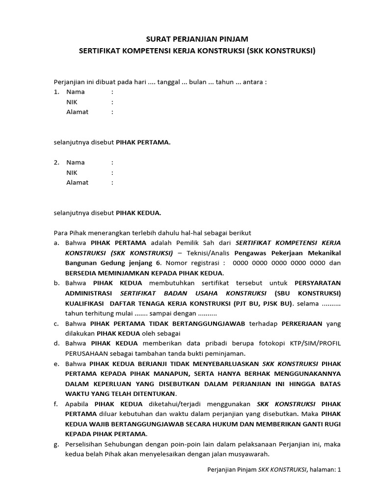Surat Perjanjian Pinjam SKK KONSTRUKSI | PDF