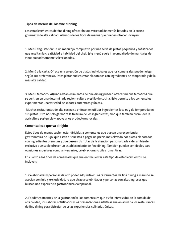 Tipos de menús en fine dining | PDF