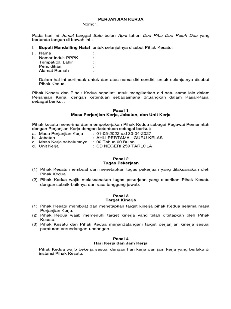 Perjanjian Kerja: Irpan Hasibuan, S.PD | PDF