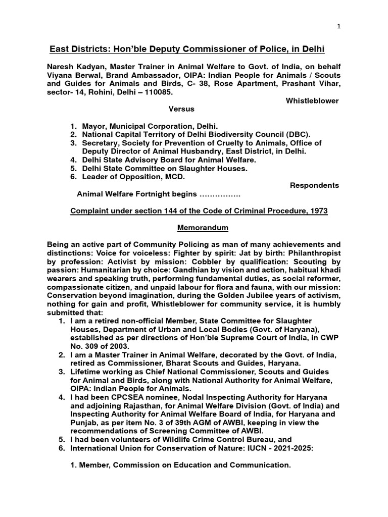 Dcp east district of delhi complaint under 144 code of criminal