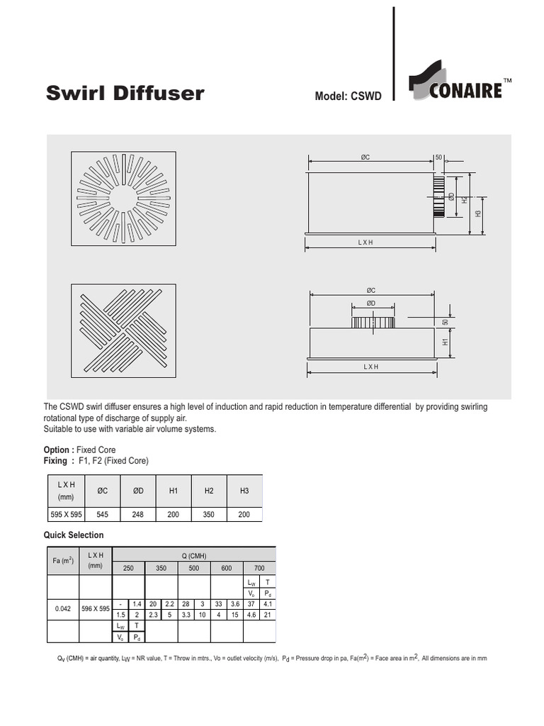 CSWD Swirl Diffuser Specifications | PDF | Physical Quantities | Mechanics