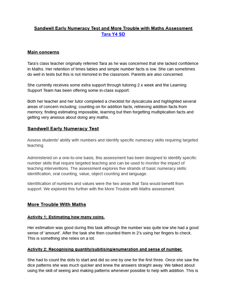 Tara hausser maths assessment report pdf memory working memory