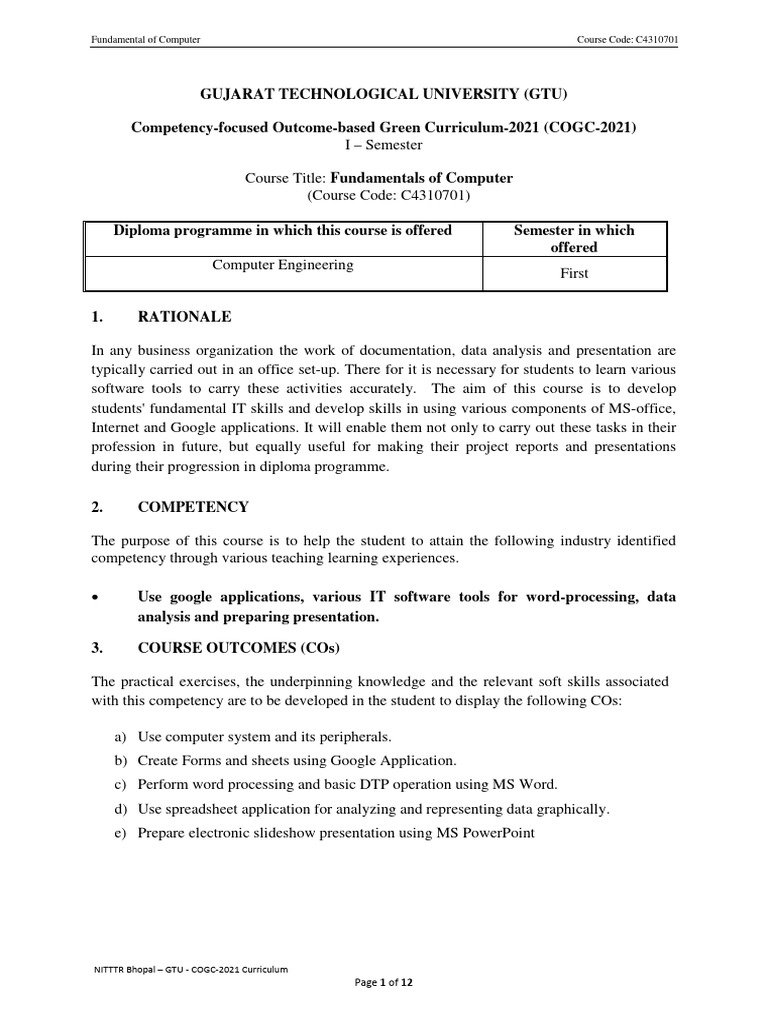 Fundamental of computer course code c4310701 pdf