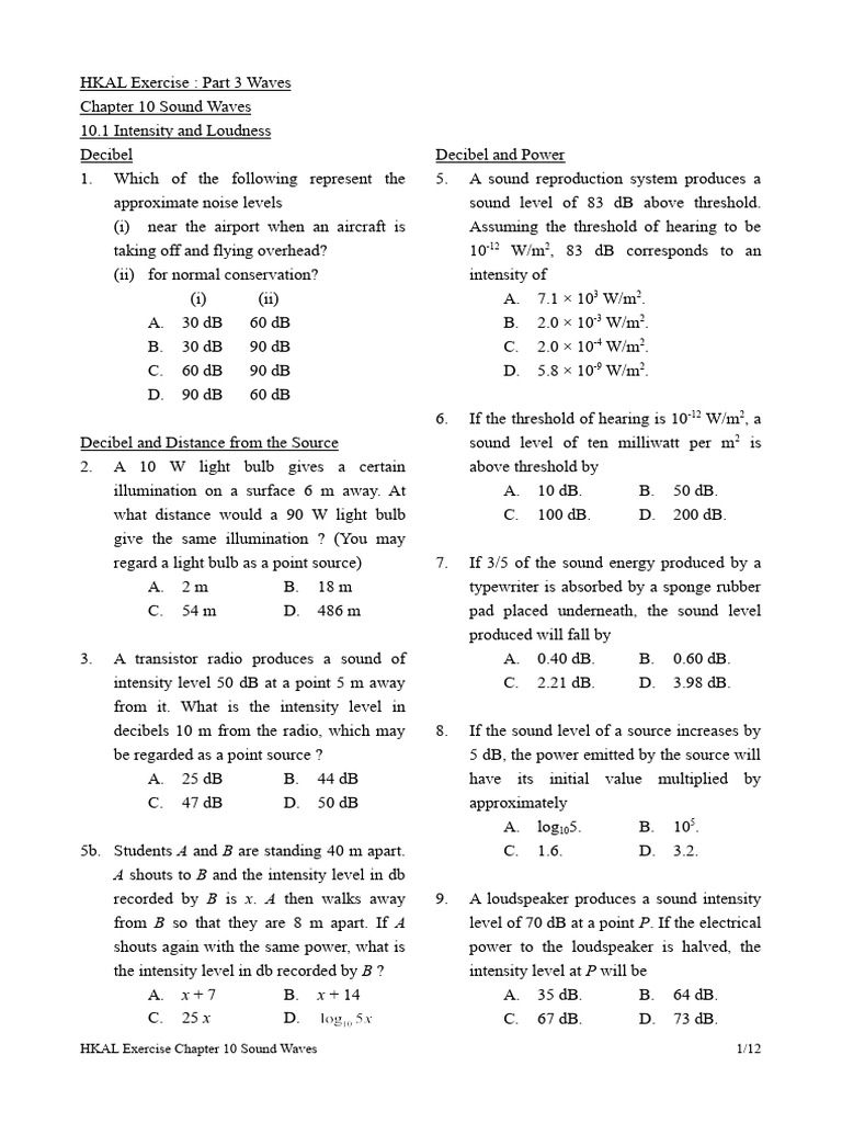 10 Sound Waves Exercise Pdf Decibel Frequency