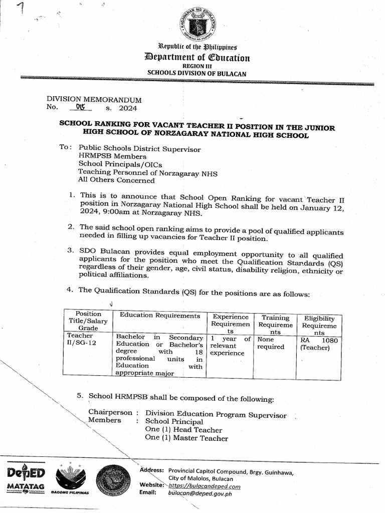 Division Memorandum No 015 S 2024 Teacher II PDF