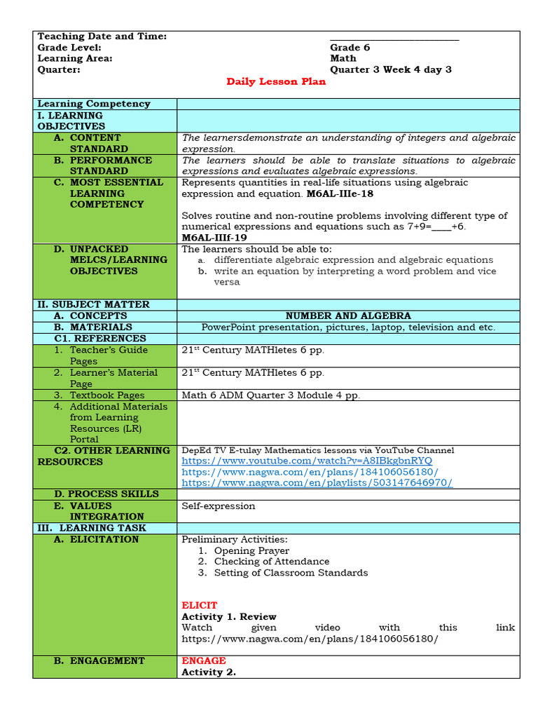 Grade 6 Math: Algebra Expressions Lesson | PDF | Learning | Equations