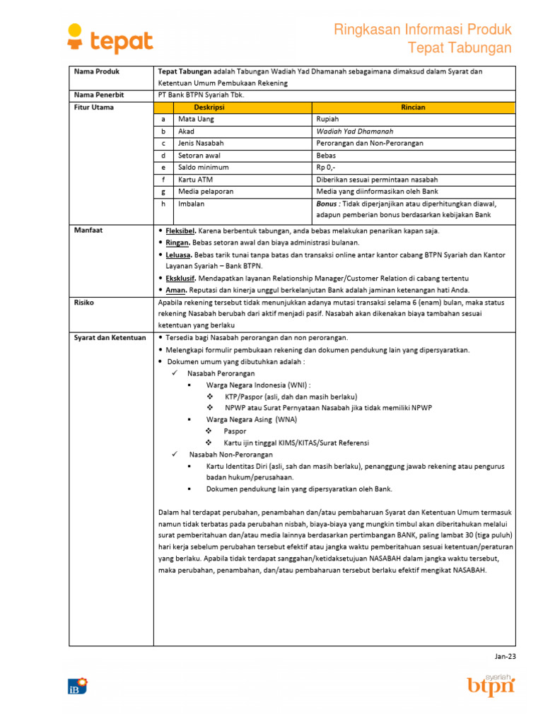 Ringkasan Informasi Produk Tepat Tabungan 2023 | PDF