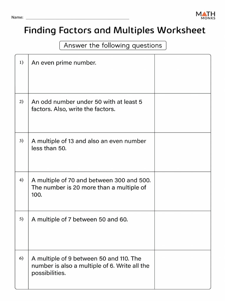 Factors and Multiples Worksheet For Grade 5 With Answers | PDF