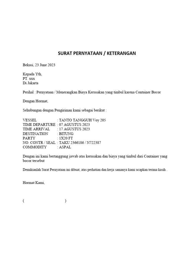 Surat Pernyataan Keterangan Pertanggung Jawaban Kerusakan Barang Pdf