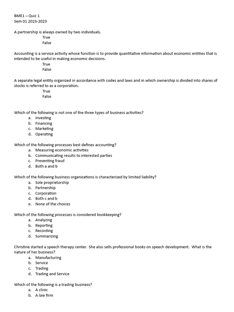BME1 Quiz 01 PDF Business Sole Proprietorship
