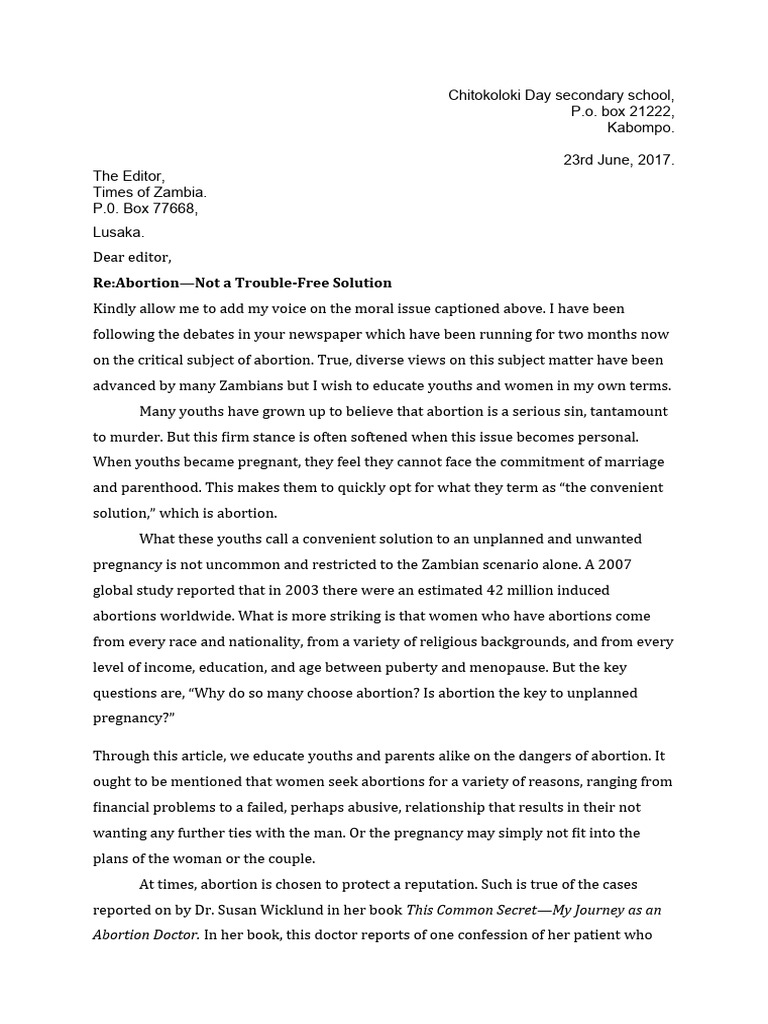 Letter To The Editor - Dear Editor | PDF | Abortion | Pregnancy
