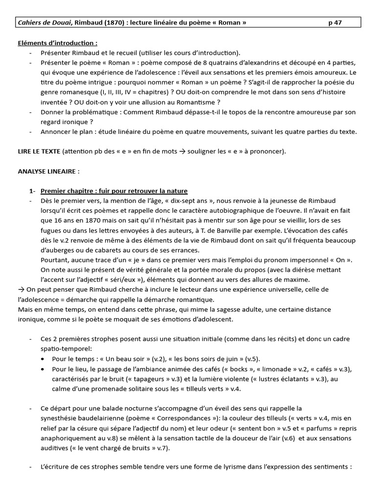 Lecture Linéaire Roman | PDF | Romans | Arthur Rimbaud