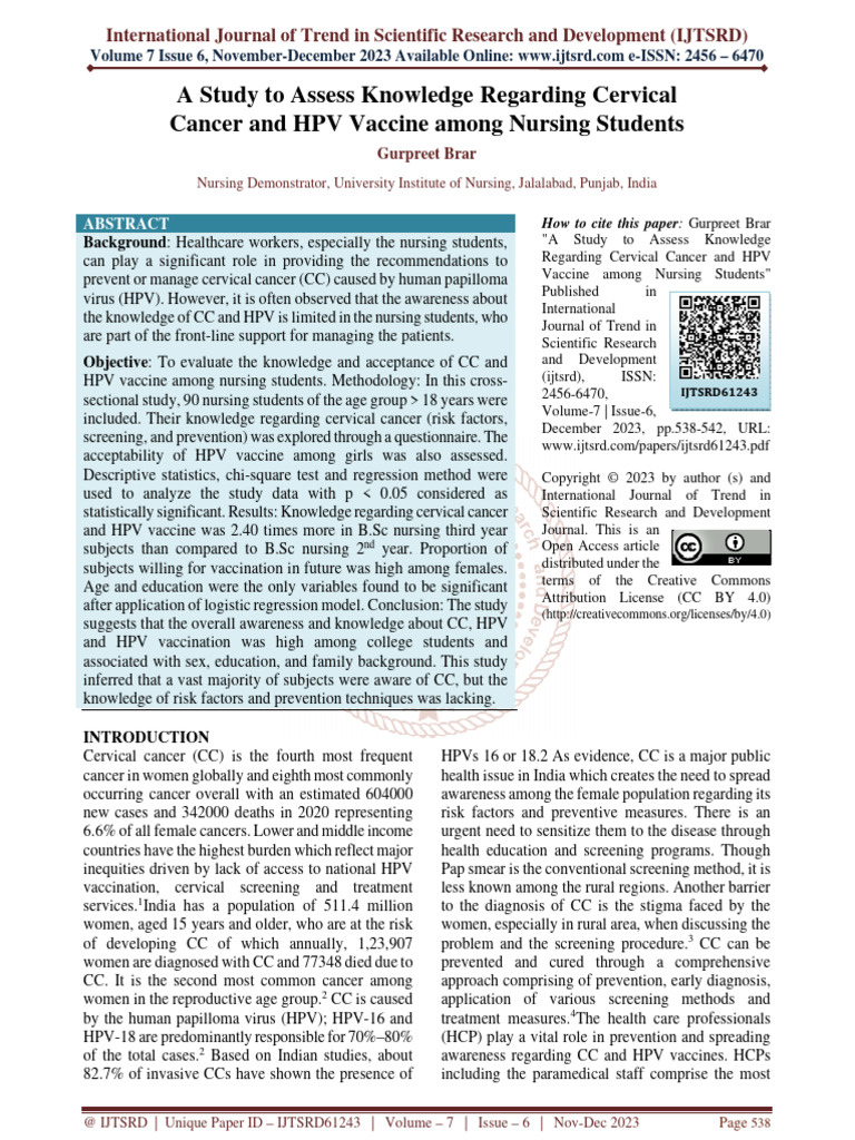 A Study To Assess Knowledge Regarding Cervical Cancer and HPV Vaccine ...