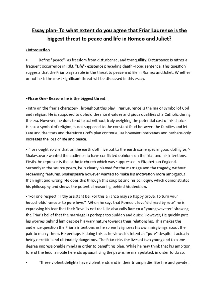 Essay Plan Friar Laurence Threat To Peace and Life PDF