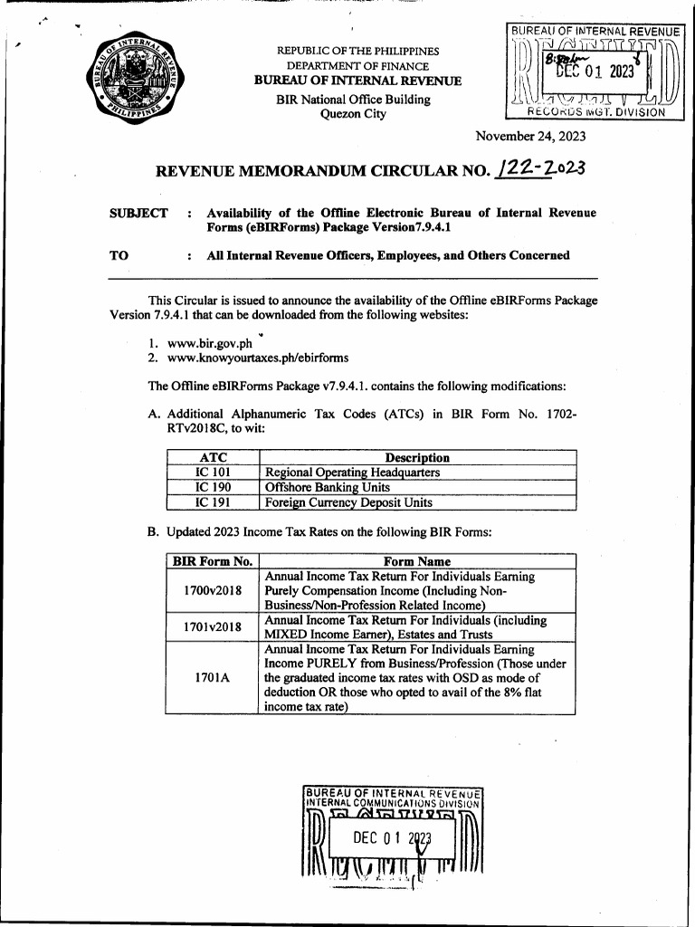 Rmc no 122 2023 availability of offline bir forms for filing of