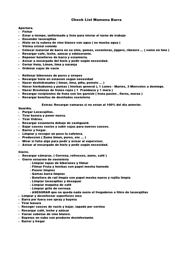 CheckList Barra Cocteleria | PDF
