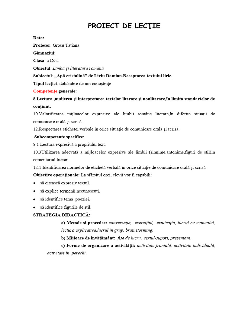 0 Proiect de Lectie Apa Cristalina | PDF