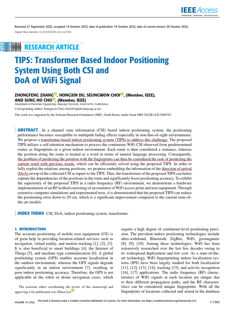 TIPS Transformer Based Indoor Positioning System Using Both CSI and DoA ...