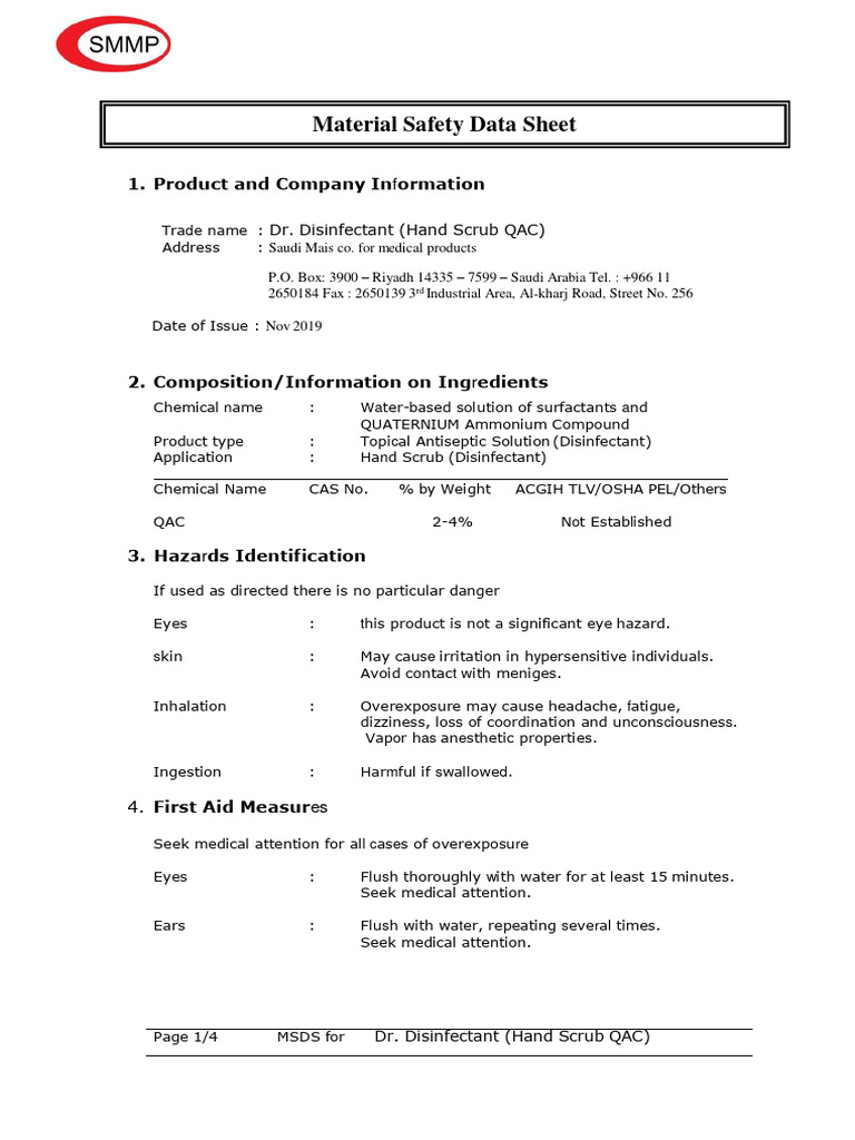 Dr. Disinfectant MSDS Overview | PDF | Occupational Safety And Health ...