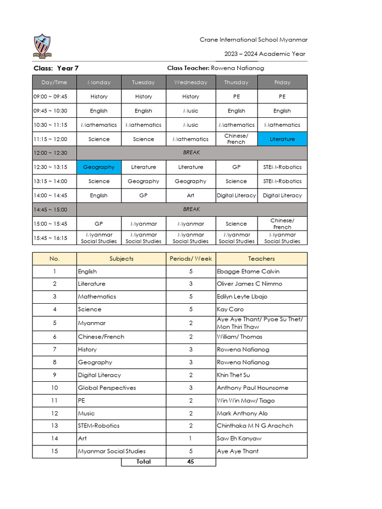 Year 7 Schedule 2023-2024 | PDF | Science | Observation