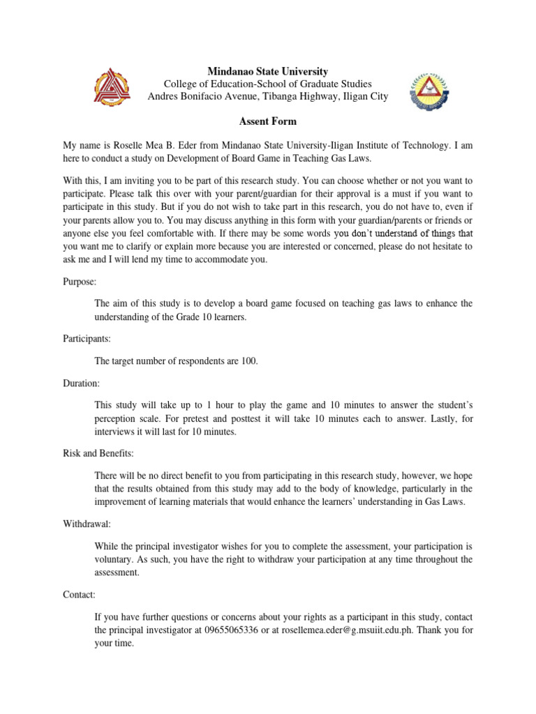 Child Assent And Parent S Consent Pdf Learning Understanding