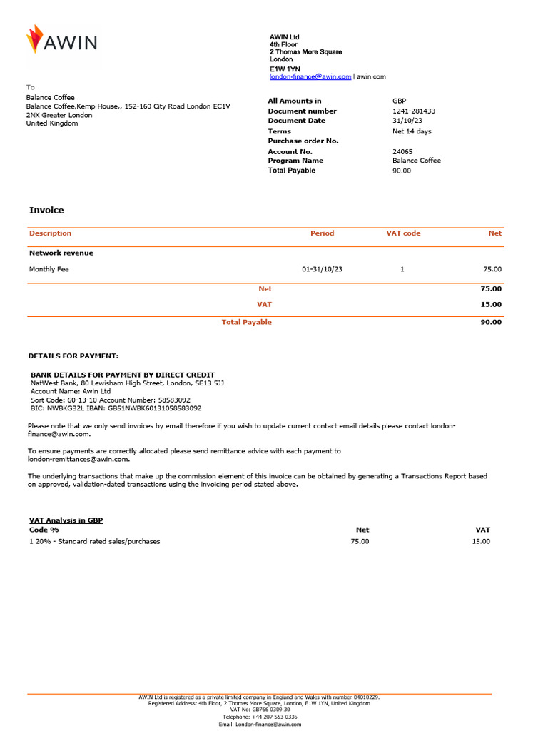 Invoice for Balance Coffee - Oct 2023 | PDF | Invoice | Value Added Tax