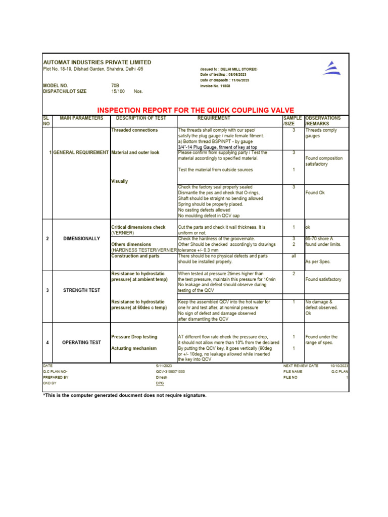 Quick Coupling Valve Inspection Report | PDF | Building Engineering ...
