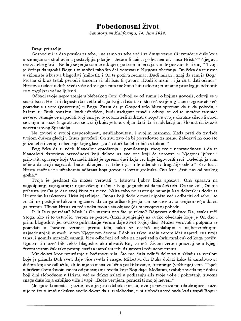 Pobedonosni Zivot Pismo Elen Vajt 14 6 1914 Verzija Josip