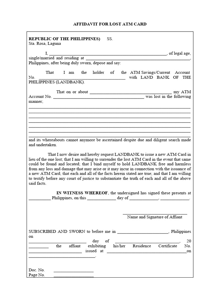 Affidavit for lost atm card pdf affidavit common law