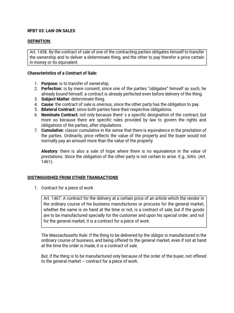 RFBT Law on Sales Overview | PDF | Auction | Offer And Acceptance