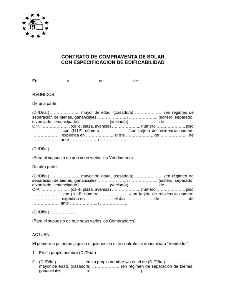 Contrato de Compraventa de Solar Con Especificacion de Edificabilidad