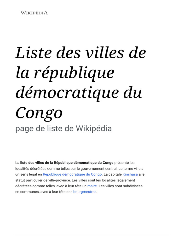 Villes de la RDC : 35 localités clés | PDF | République démocratique du ...