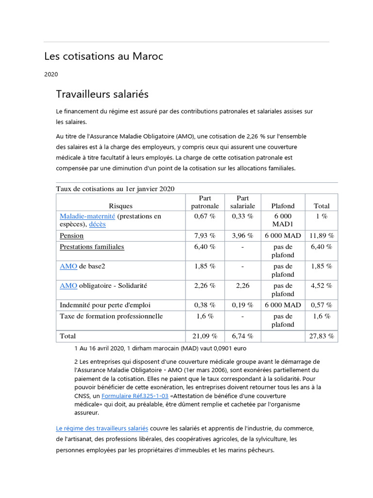 Cotisations sociales au Maroc 2024 | PDF | Impôt sur le revenu | Salaires