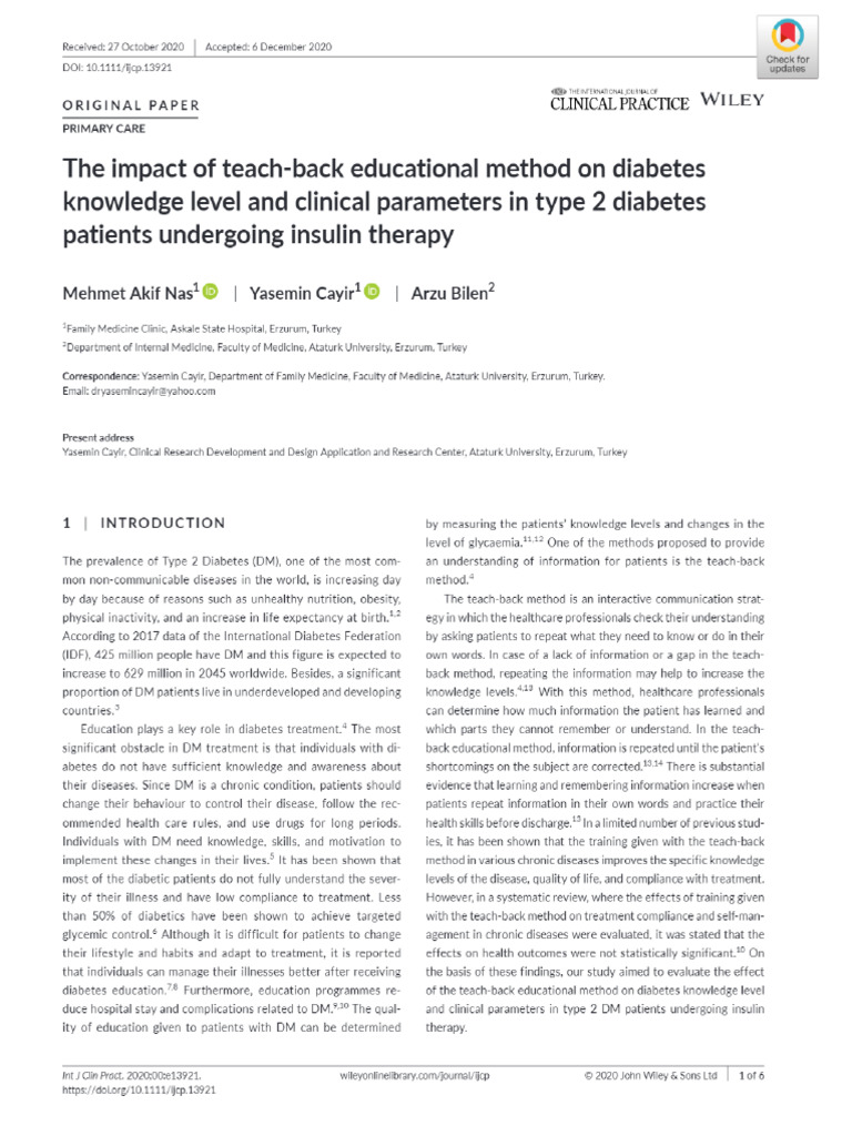 The Impact of Teach Back Educational Method On Diabetes Knowledge Level ...
