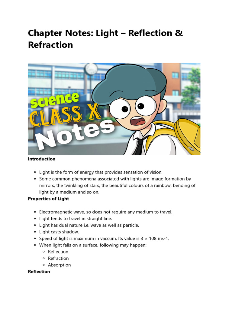 Chapter Notes Light Reflection Refraction Pdf Mirror