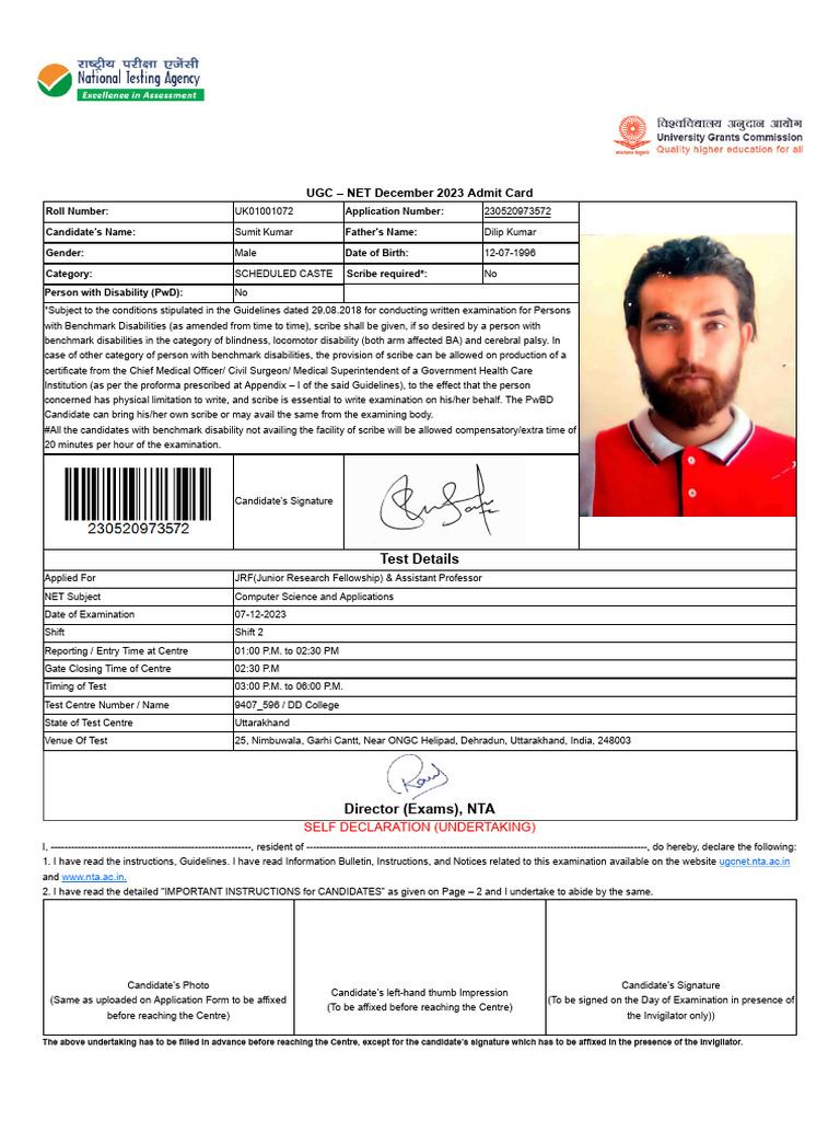 UGC-NET Admit Card Instructions | PDF | Identity Document