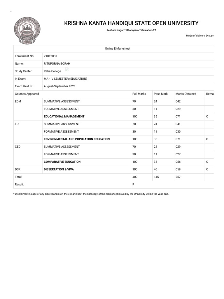 4th Sem Marksheet | PDF | Educational Assessment And Evaluation ...