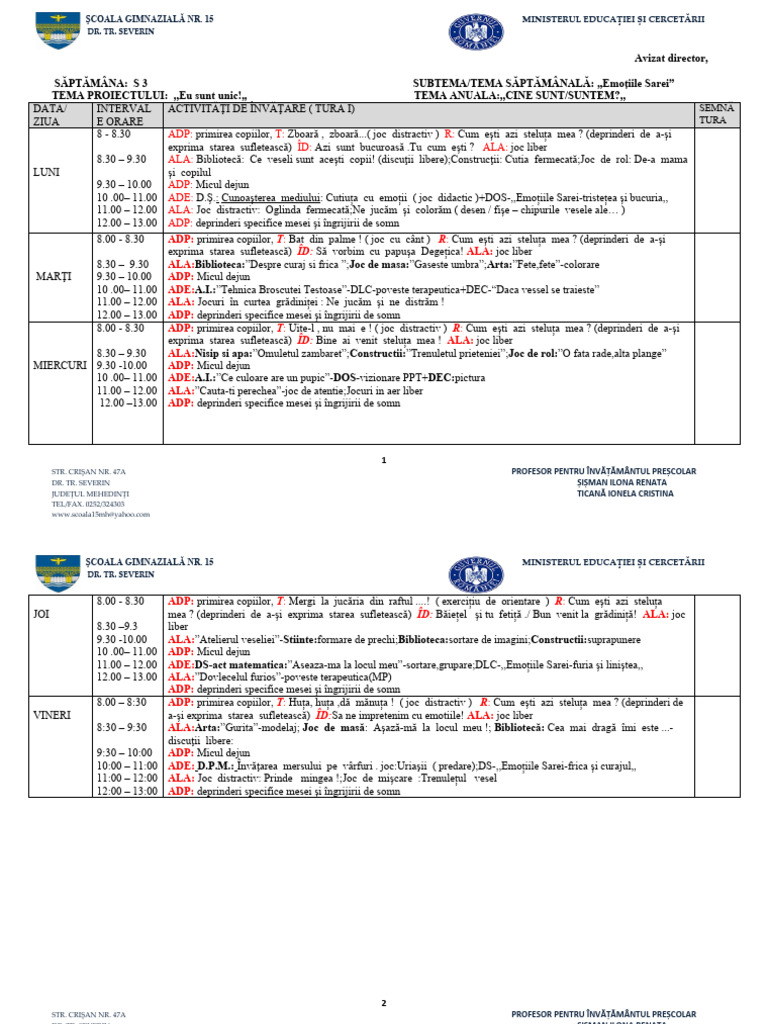 S3-Planificare Saptamanala Emotii | PDF