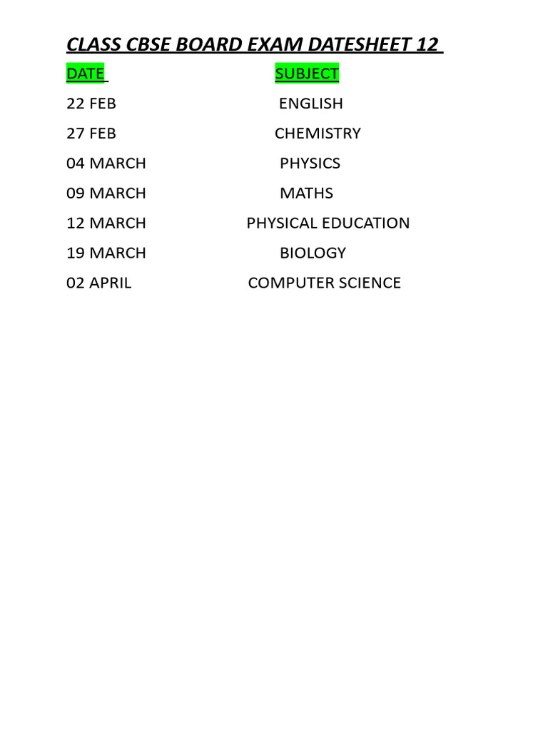 CBSE Class 12 Exam Datesheet 2026 | PDF